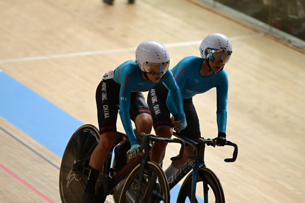 Ceci Lee (right) and Chloe Leung, here on the way to Madison bronze on Friday, will reunite in the same event on Sunday. Photo: Japan Cycling Federation.