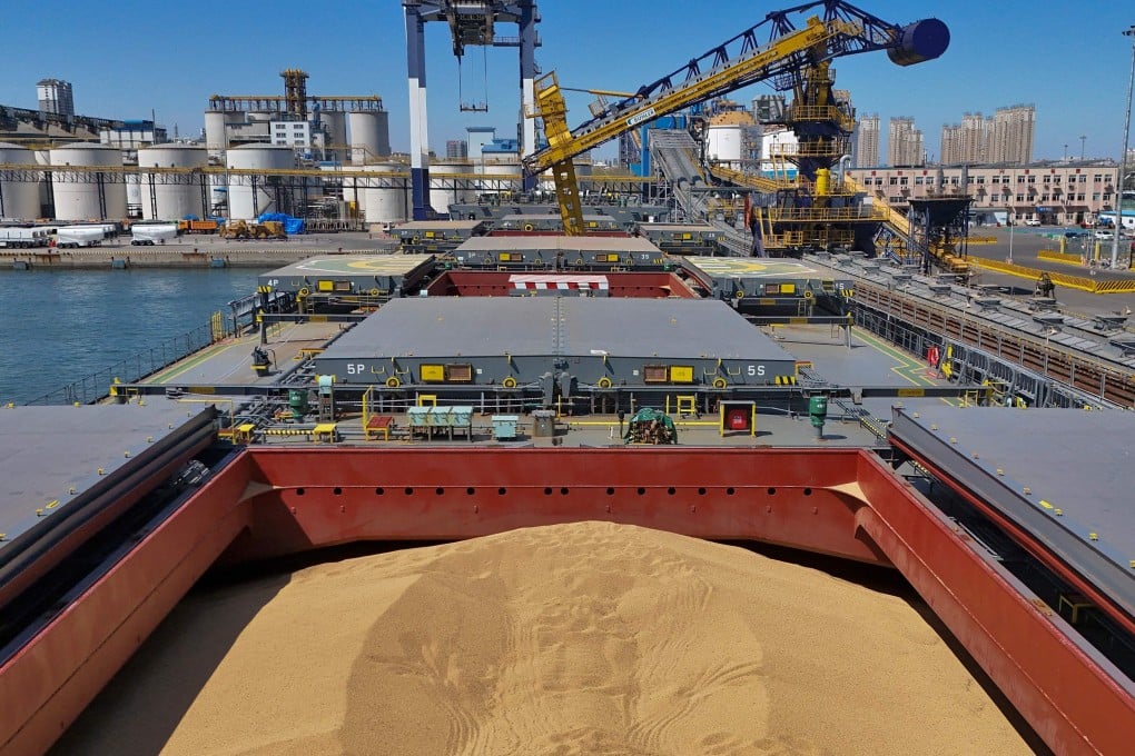 Imported soybeans from Brazil are seen in a cargo vessel at a port in Yantai, in China’s eastern Shandong province. Photo: AFP