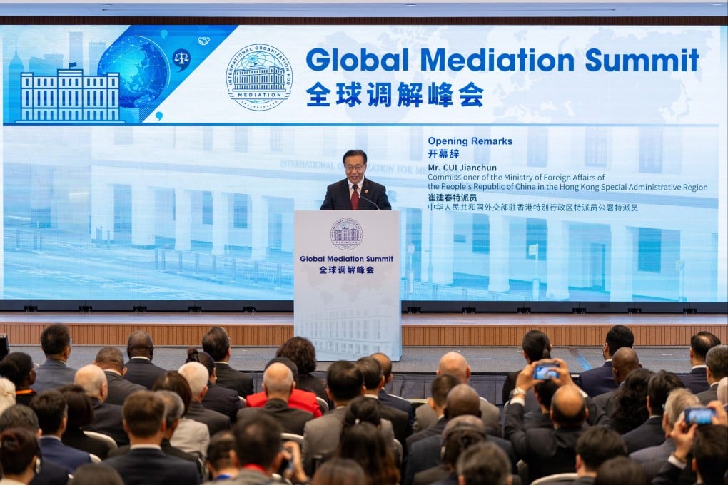 Cui Jianchun, commissioner of China’s Ministry of Foreign Affairs in Hong Kong, addresses a summit of the International Organisation for Mediation held in Hong Kong last Friday. Photo: Xinhua
