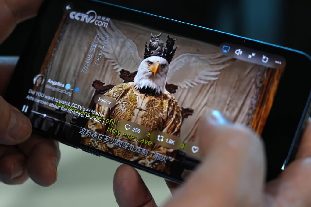 An AI-made viral animation released by Chinese state media mocking the United States as a white eagle is seen on a mobile phone in Beijing, China, April 6, 2026. Photo: AP