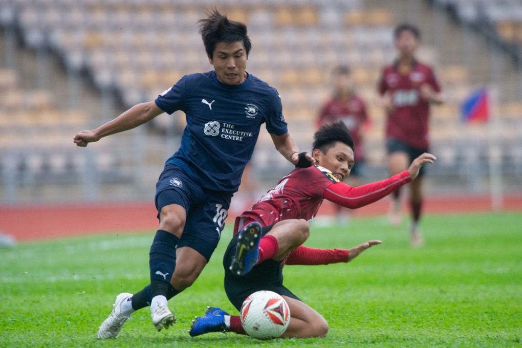 Tatsuya Inoue of Football Club tries to burst clear of Kowloon City’s Lin Long-tik during Saturday’s 1-1 draw. Photo: HKFA