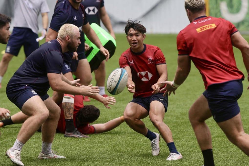 Scrumhalf Chui Wai-lap passes to a teammate during a Hong Kong training session at SCAA stadium. Photo: Jonathan Wong