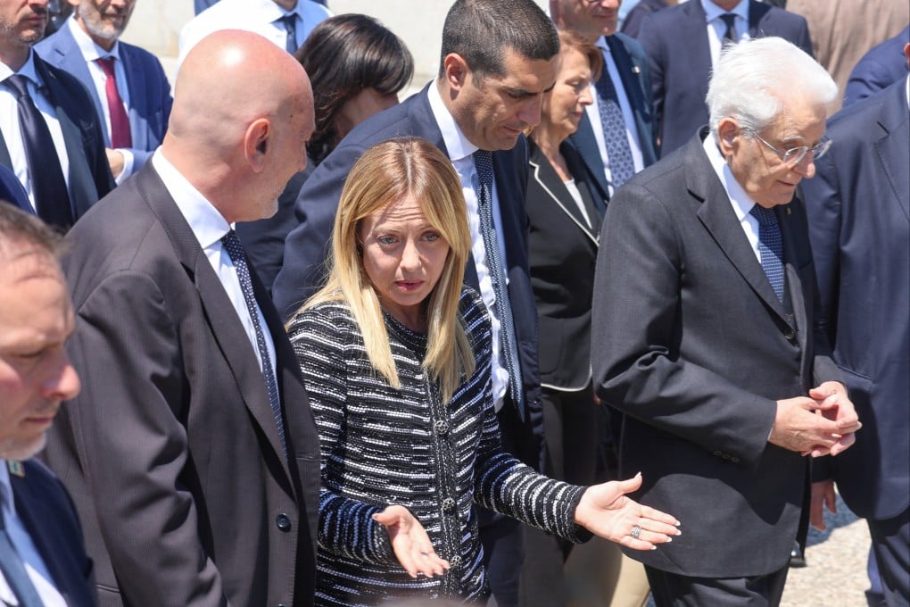 Italian Prime Minister Giorgia Meloni and President Sergio Mattarella, right, leave Baggiovara hospital after privately visiting people wounded when a car drove into pedestrians in Modena, Italy on Sunday. Photo: Reuters