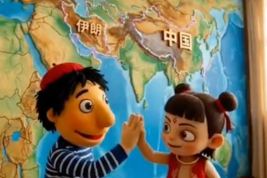 The Iranian children’s puppet Pesar Ammeh Za and China’s Ne Zha are depicted as good friends. Photo: Handout