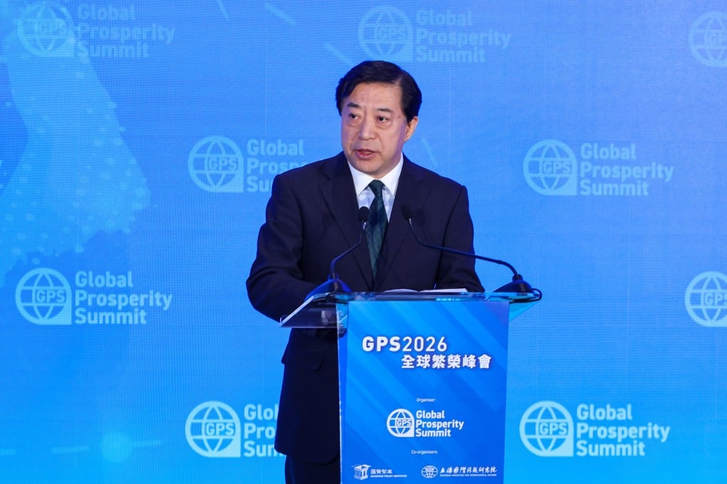 Former Chinese diplomat Han Zhiqiang delivers his keynote speech at the Global Prosperity Summit in Hong Kong on Tuesday. Photo: Edmond So