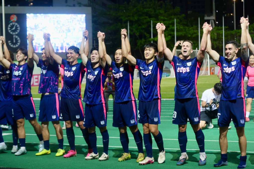 Kitchee players celebrate after beating BC Rangers last month to win the title with four matches to spare. Photo: Jonathan Wong