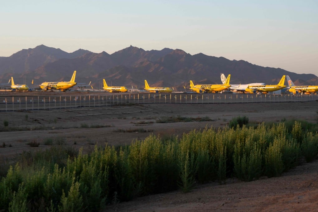 Spirit Airlines planes sit parked at Phoenix Goodyear Airport in Arizona. The US-based carrier ceased all operations on May 2. Photo: Getty Images/AFP