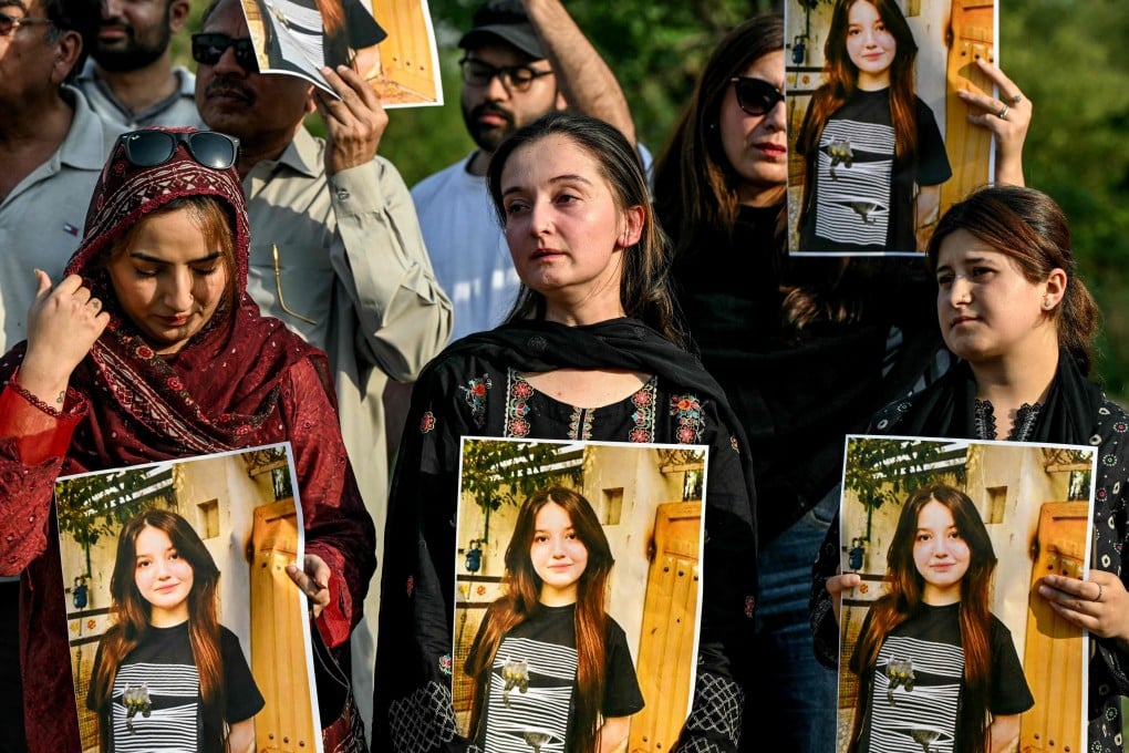 Women activists holding photographs of Sana Yousaf take part in a demonstration condemning violence against women in Islamabad on June 5, 2025. Photo: AFP