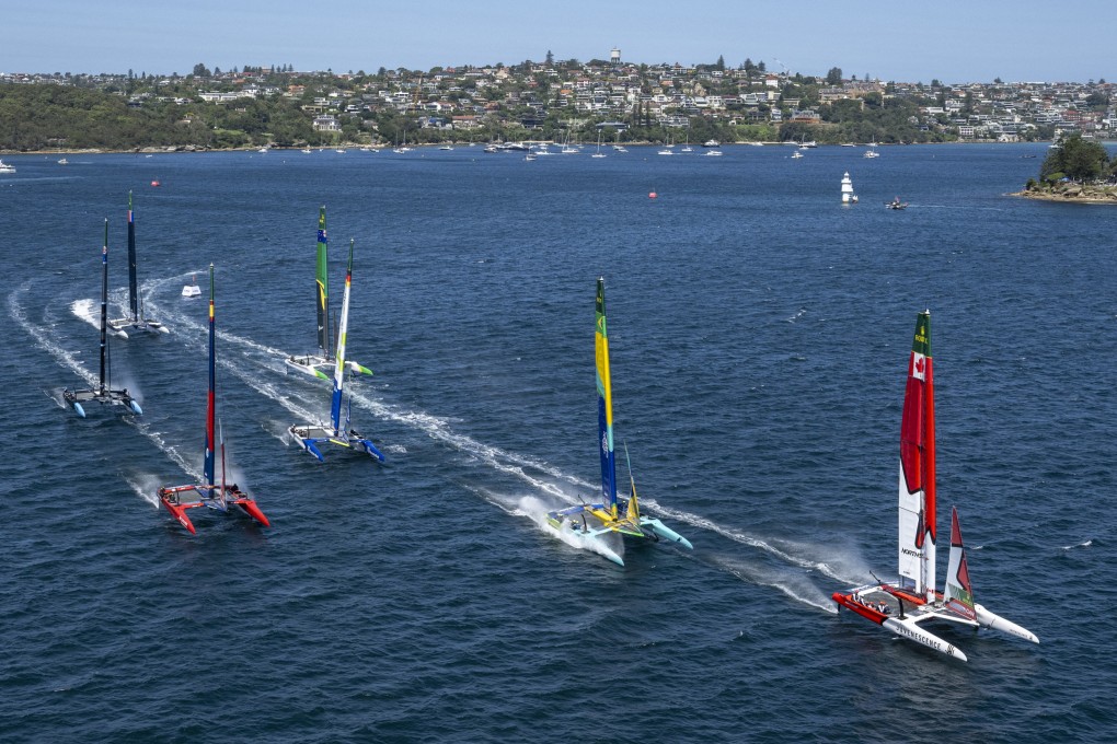 The Canada NorthStar team (right) leads the fleet during a practice run ahead of the 2025 Australia SailGP event in Sydney. Photo: SailGP