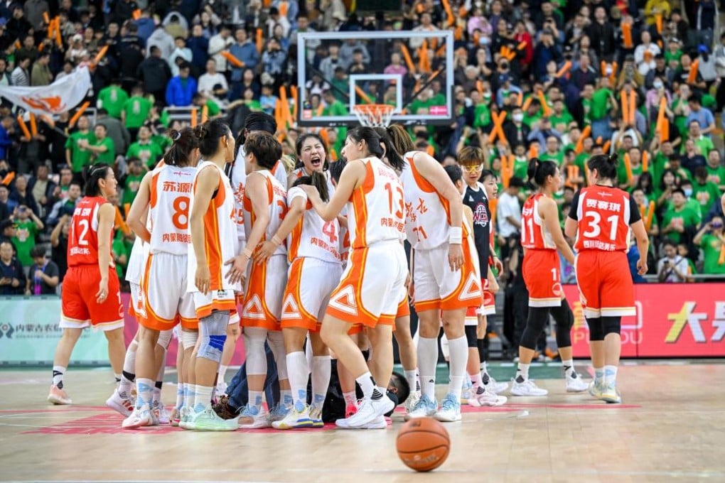 Inner Mongolia players celebrate after Game 2 of the Women’s Chinese Basketball Association finals against Sichuan on April 13, 2024. Photo: Xinhua