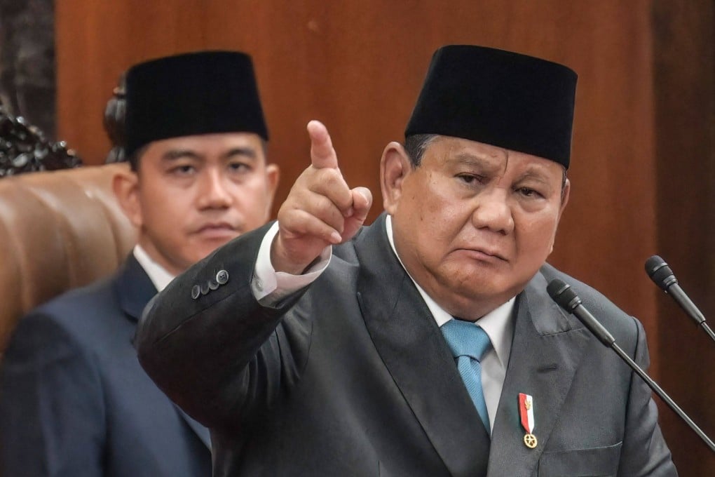 Indonesian President Prabowo Subianto delivers a speech to lawmakers as Vice-President Gibran Rakabuming Raka looks on at the parliament building in Jakarta on Wednesday. Photo: AFP