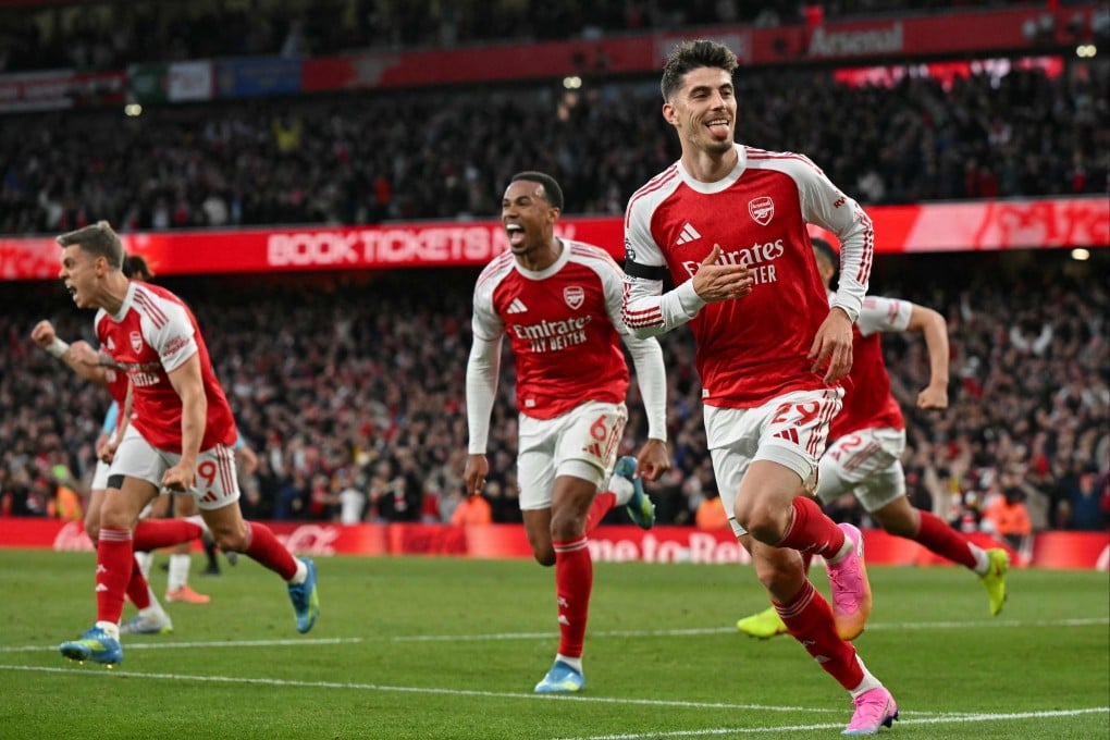 Kai Havertz (right) celebrates scoring the only goal in Arsenal’s crucial victory over Burnley on Monday. Photo: AFP