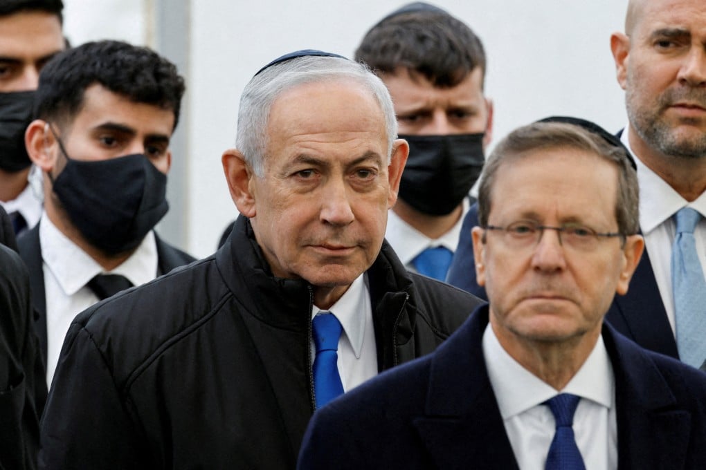 Israeli Prime Minister Benjamin Netanyahu and Israeli President Isaac Herzog (right) attend a memorial service in Meitar, Israel, in January. Photo: Reuters
