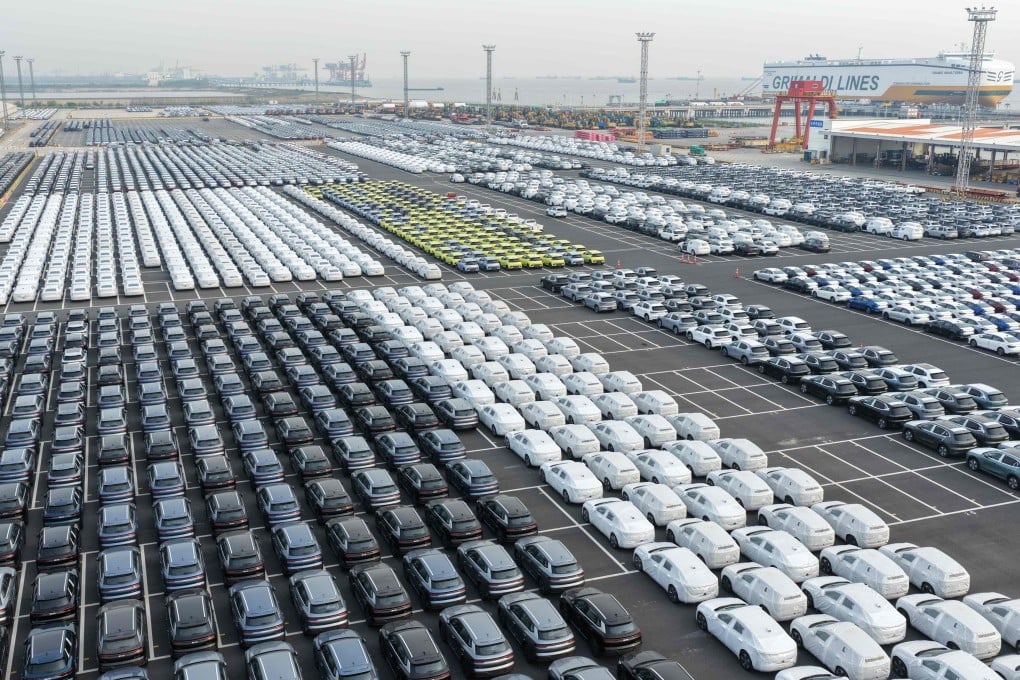 Chinese-made vehicles wait to be exported at a port in Jiangsu province on April 27. Photo: AFP