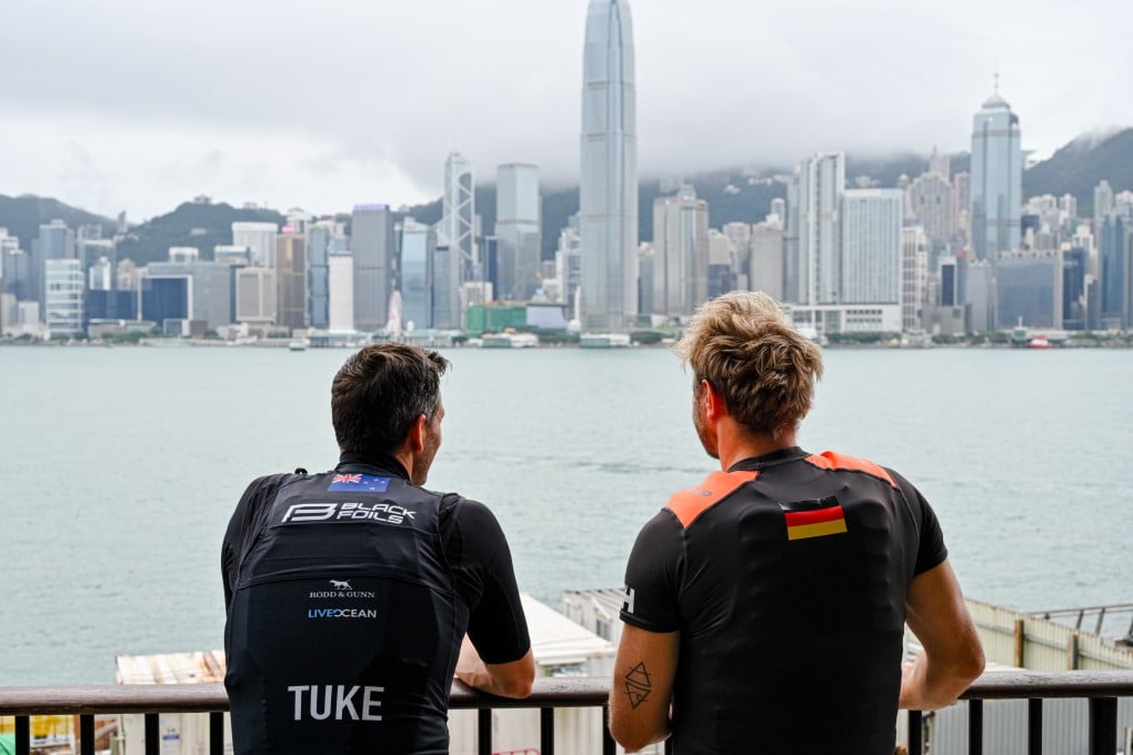 Blair Tuke, co-CEO and wing trimmer of the Black Foils team, and Erik Kosegarten Heil, driver of Germany SailGP Team, at the Hong Kong SailGP launch at M+ Museum on Wednesday. Photo: SailGP