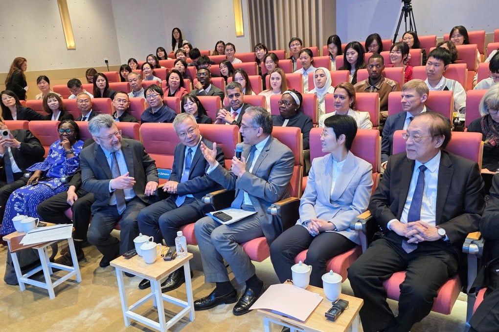 Unesco Director-General Khaled El-Enany (centre) speaks during a visit to the new STEM education institute in Shanghai. Photo: Handout