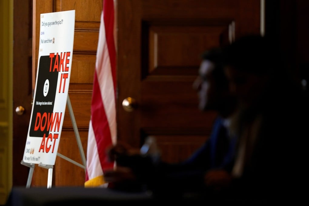 A promotional display for the Take It Down Act, which criminalises the online distribution of non-consensual sexual imagery. Photo: AP