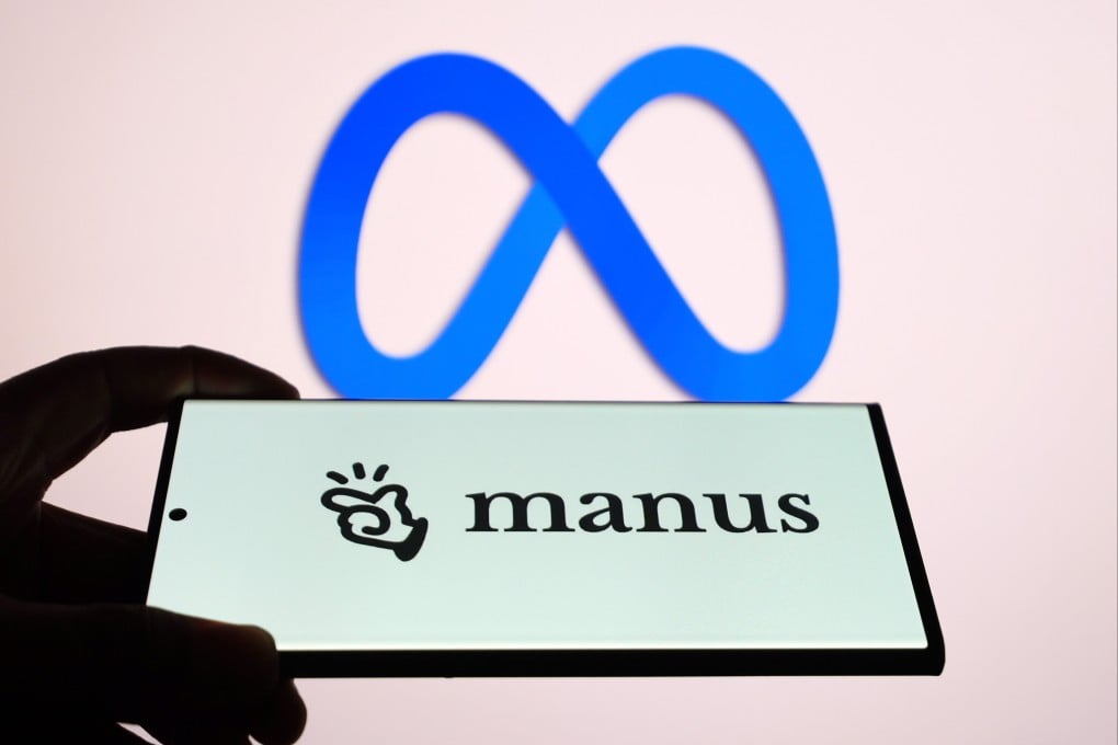 The logo of Manus is displayed on a smartphone screen with the Meta logo in the background. Photo: VCG via Getty Images