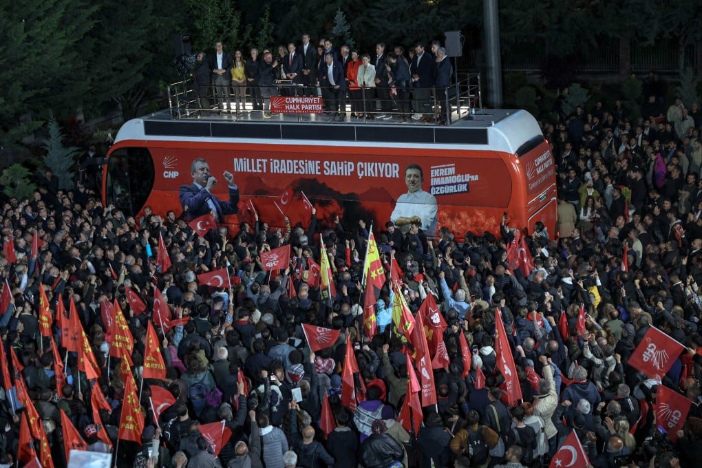 Ozgur Ozel addresses supporters outside the CHP headquarters in Ankara on Thursday. Photo: AFP