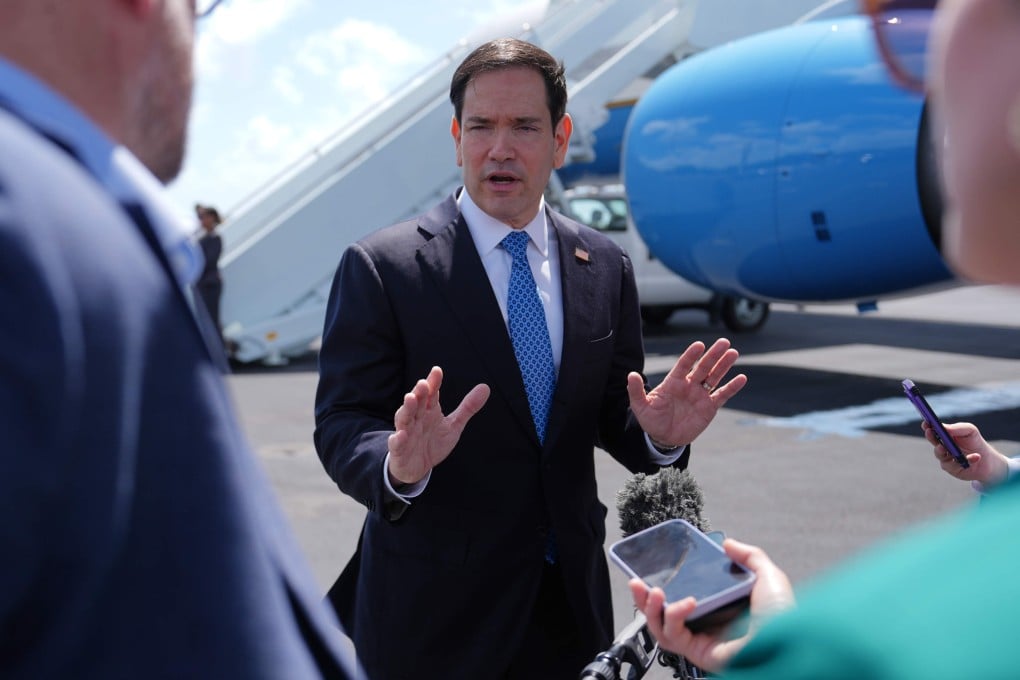 US Secretary of State Marco Rubio speaks to the media before boarding his plane at Homestead Air Base in Miami on Thursday. Photo: AP