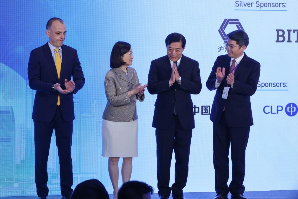 From the left, Stratos Pourzitakis, vice-chair of the European Chamber of Commerce in Hong Kong; Regina Ip, convenor of the non-official members of Hong Kong’s Executive Council and founder of the Savantas Policy Institute; Han Zhiqiang, vice-president of the China Public Diplomacy Association; and Professor Li Kaisheng, vice-president of the Shanghai Institutes for International Studies, attend the Global Prosperity Summit at The Fullerton Ocean Park Hotel in Aberdeen on May 19. Photo: Edmond So