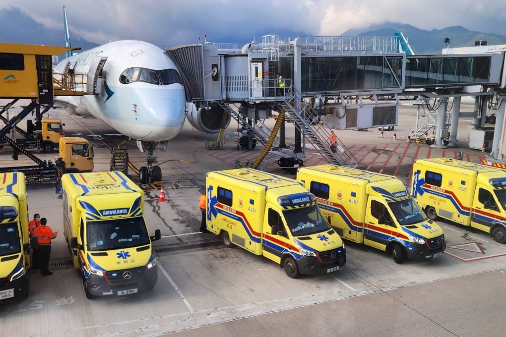 Ambulances on stand-by at Hong Kong International Airport on Saturday morning after authorities received news of serious turbulence on Cathay flight CX156. Photo: Handout