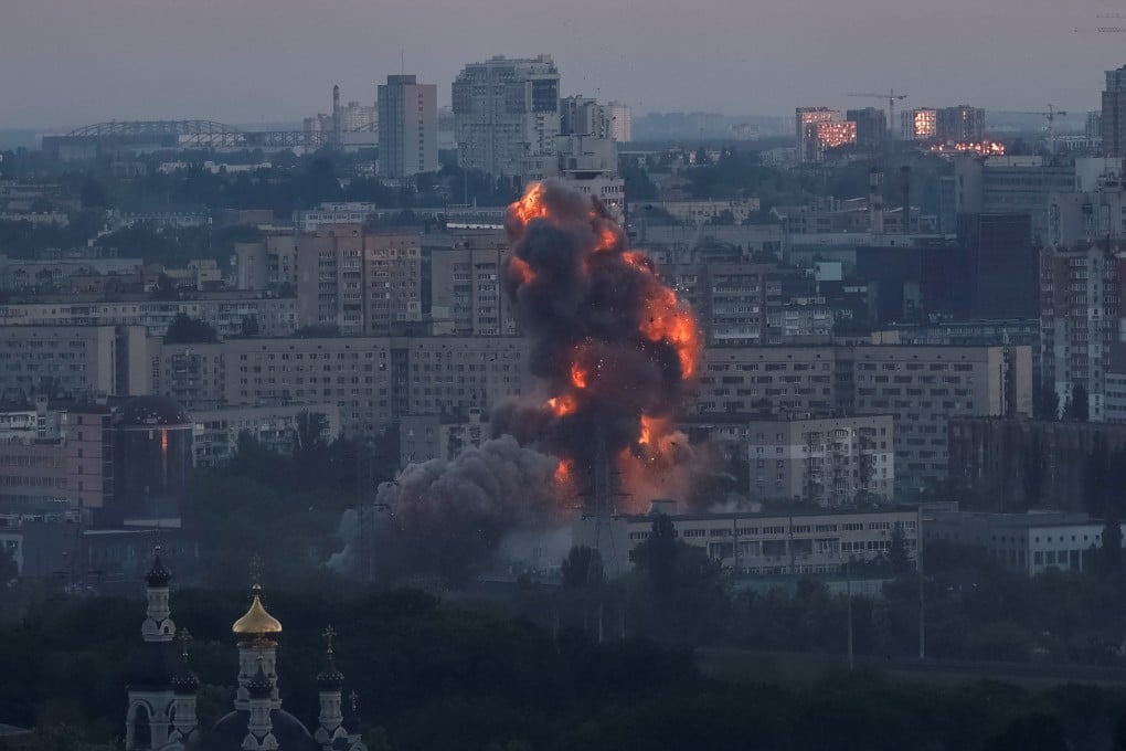 Fire and smoke rise following an explosion during a Russian missile and drone strike on Kyiv, Ukraine, on Sunday. Photo: Reuters