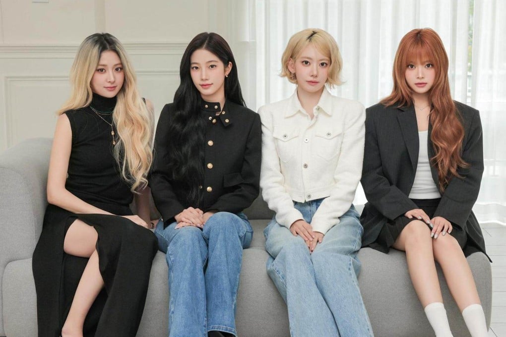 (From left) Le Sserafim members Huh Yun-jin, Kazuha, Sakura and Hong Eun-chae in Seoul. The group’s leader, Kim Chae-won, announced last week that she would sit out promotional activities due to a neck injury. The K-pop girl group’s new album, Pureflow Pt.1, is the culmination of facing their fears. Photo: courtesy of Source Music