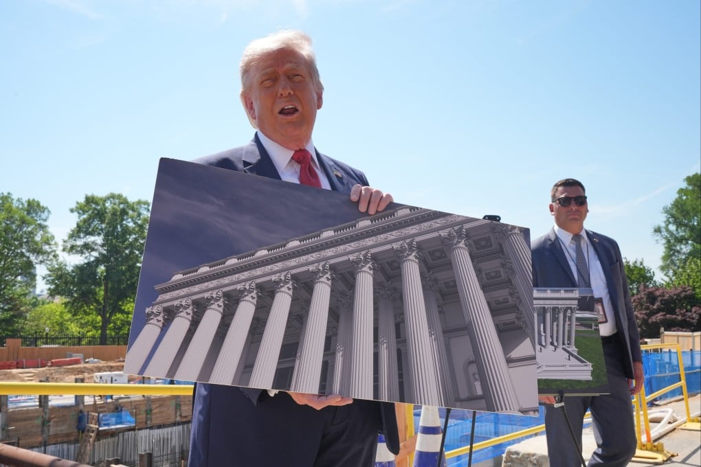 Ballroom-obsessed Donald Trump at the White House construction site. Photo: AP