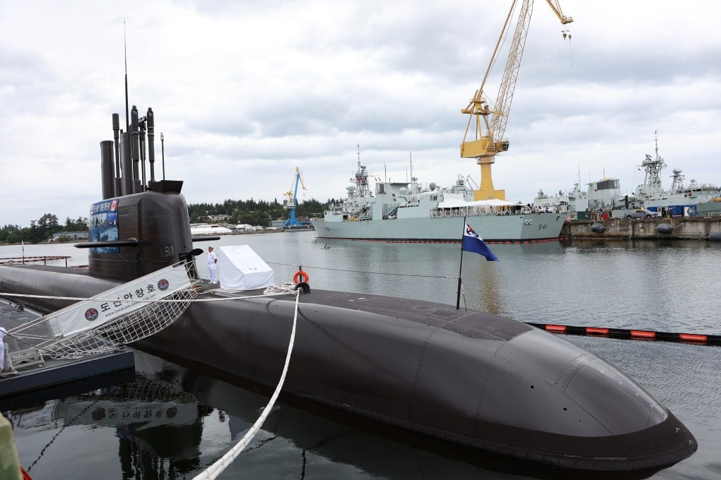 The Republic of Korea Navy KSS-III submarine, known as Dosan Ahn Chang-ho, and the ROKS Daejeon frigate at the Canadian Forces Base Esquimalt in British Columbia on Monday. Photo: The Canadian Press via AP