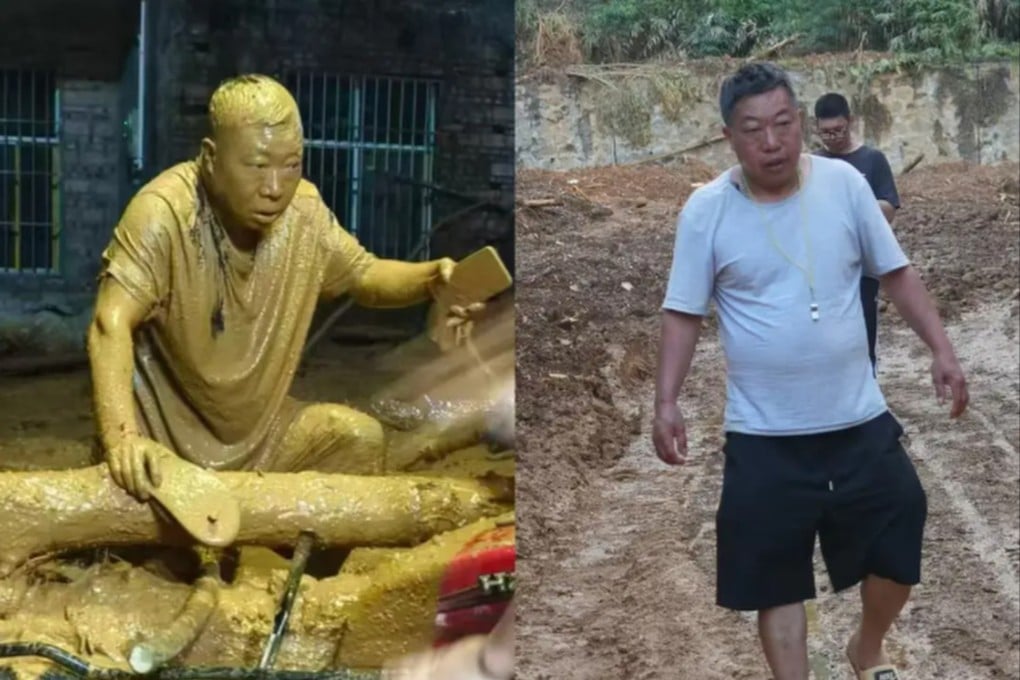 A viral photograph of a village official in China completely covered in mud shows him gripping a tree during a mudslide while he was evacuating villagers. Photo: QQ.com