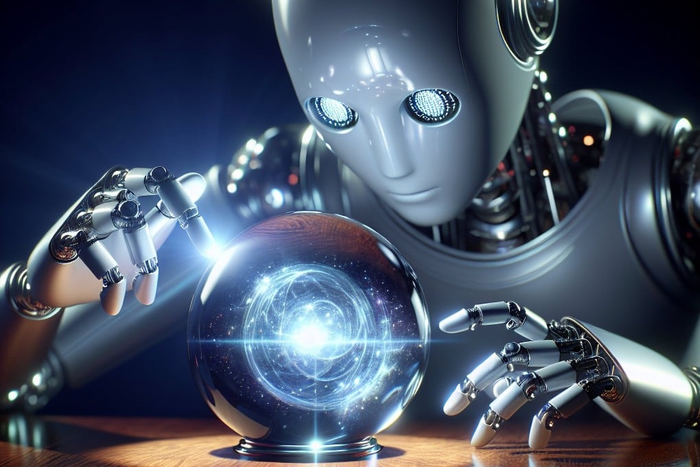 An AI robot looking into a crystal ball. Analysts say the compliance costs for AI rules in the US and the EU would be significant. Photo: Shutterstock