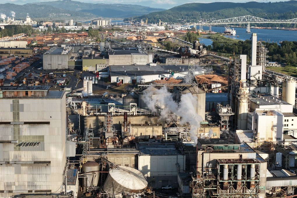 Damage is seen at Nippon Dynawave Packaging in Longview, Washington state, after a tank containing hazardous liquid imploded on Tuesday. Photo: via AP