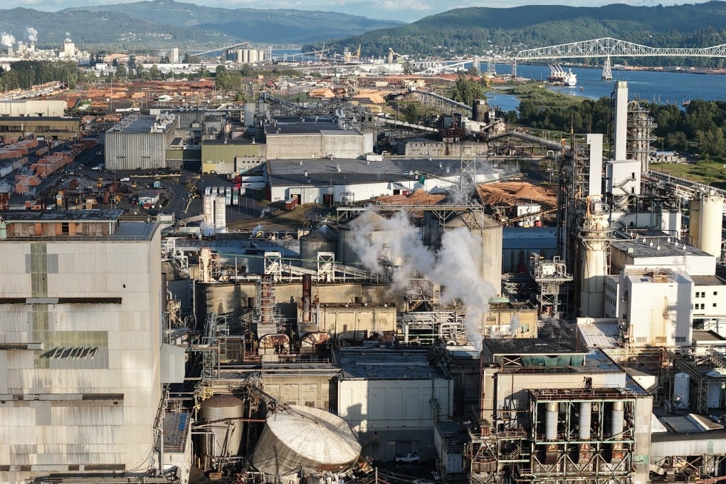Damage is seen at Nippon Dynawave Packaging in Longview, Washington state, after a tank containing hazardous liquid imploded on Tuesday. Photo: via AP