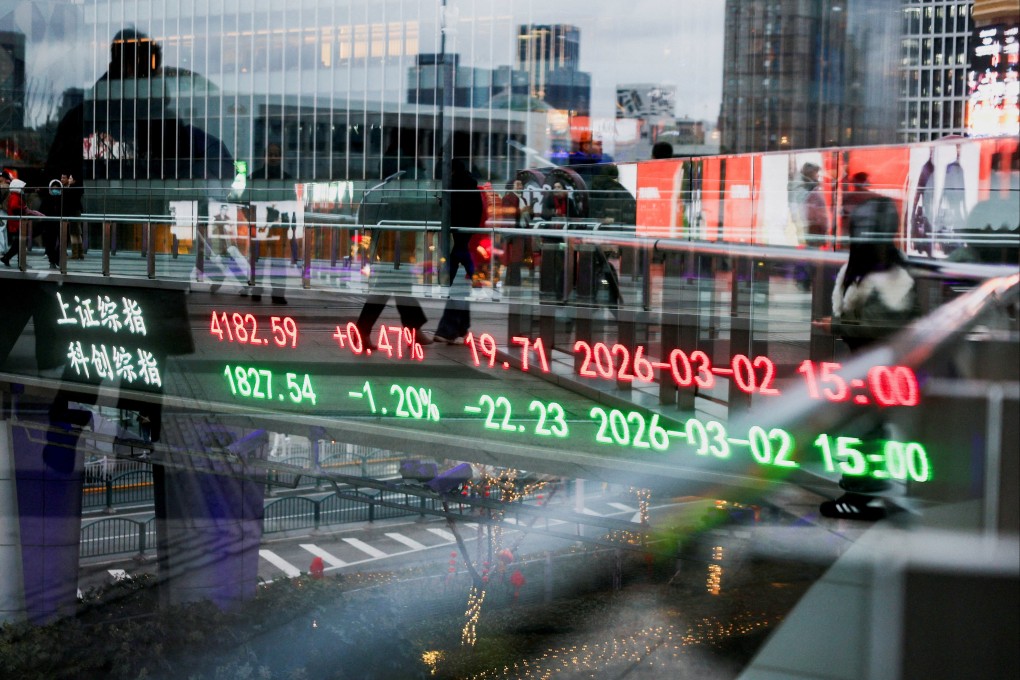An electronic board shows Shanghai stock indices as people walk on a pedestrian bridge in the Lujiazui financial district in Shanghai on March 2. Photo: Reuters