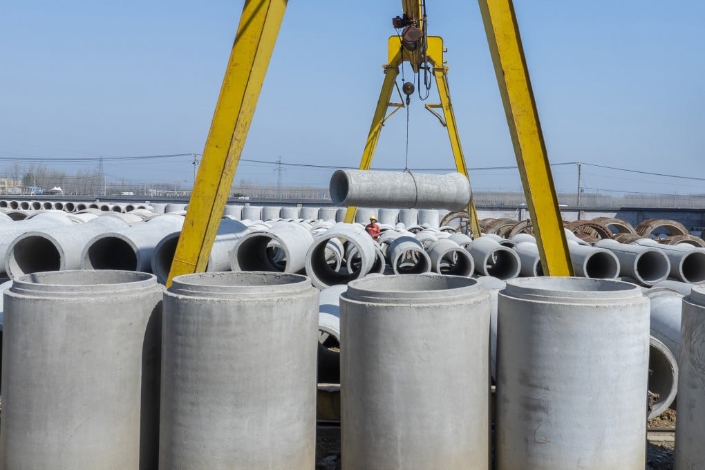 Reinforced concrete drainage pipes are parked at a building materials company in Suqian, in eastern China’s Jiangsu province, on April 1, 2025. Photo: NurPhoto via Getty Images