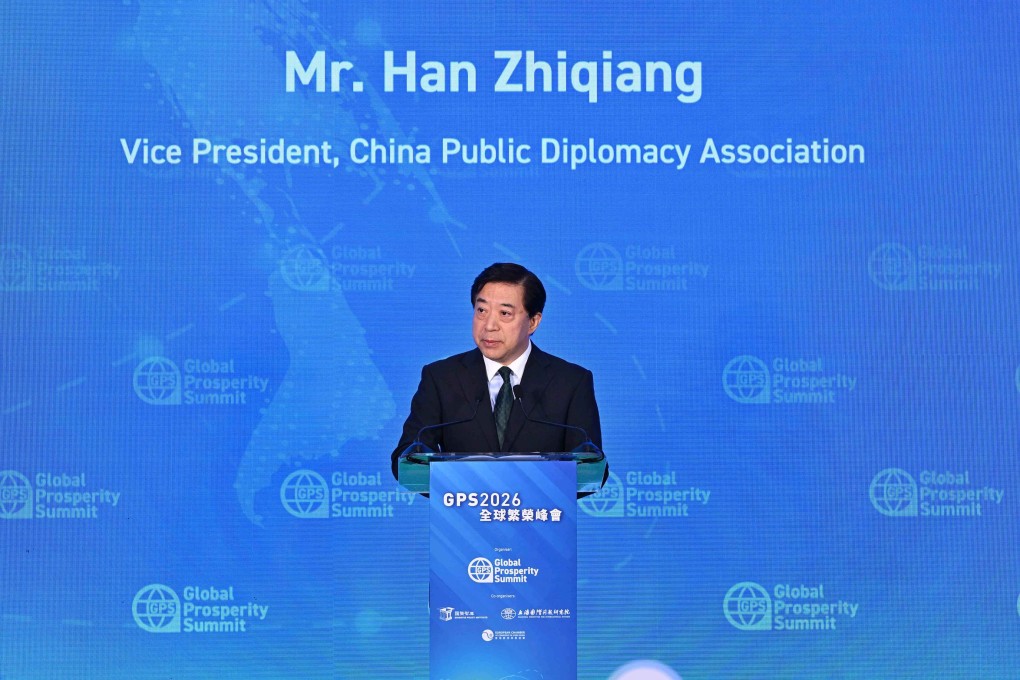 Han Zhiqiang delivers his keynote address at the Global Prosperity Summit 2026 in Hong Kong.