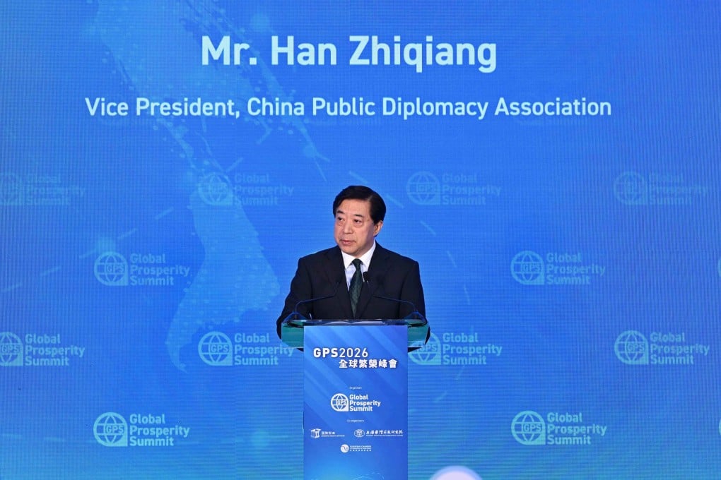 Han Zhiqiang delivers his keynote address at the Global Prosperity Summit 2026 in Hong Kong.