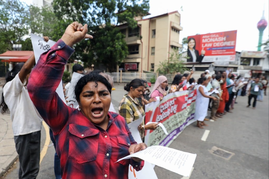 Sri Lankans protest outside the Attorney General’s Department in Colombo earlier this month, calling for the acceleration of the investigation into a recent child abuse case in which a Buddhist monk is suspected to be involved. Photo: EPA