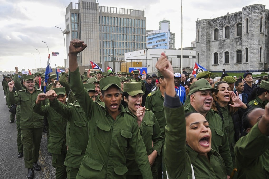 Students from military schools take part in an “anti-imperialist” protest against the American incursion in Venezuela, in front of the US Embassy in Havana in January. Photo: AFP via Getty Images/TNS