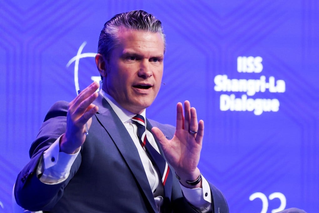 US Defence Secretary Pete Hegseth delivers a keynote speech at the IISS Shangri-La Dialogue in Singapore on Saturday. Photo: Reuters