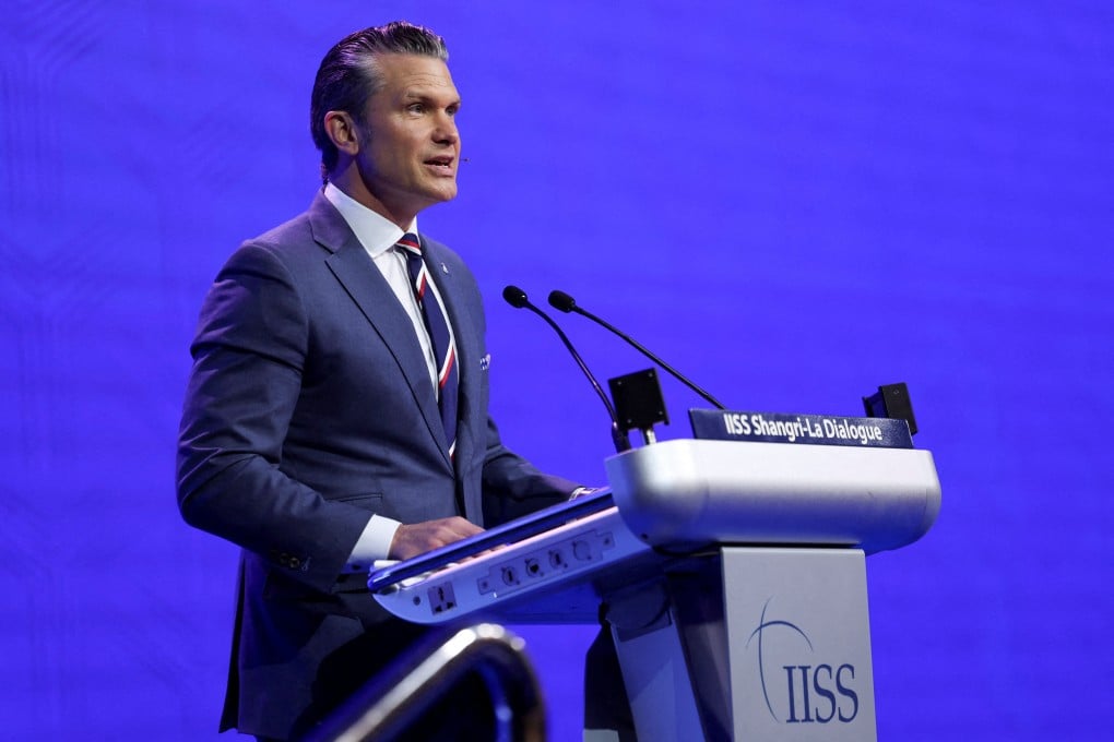 Pete Hegseth speaks at the IISS Shangri-La Dialogue security summit in Singapore on Saturday. Photo: Reuters