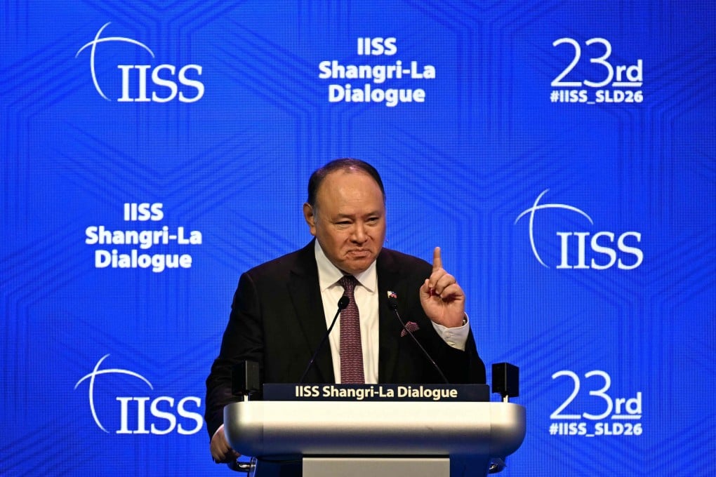 Philippine defence chief Gilberto Teodoro Jnr delivers a speech at the Shangri-La Dialogue security summit in Singapore on Sunday. Photo: AFP