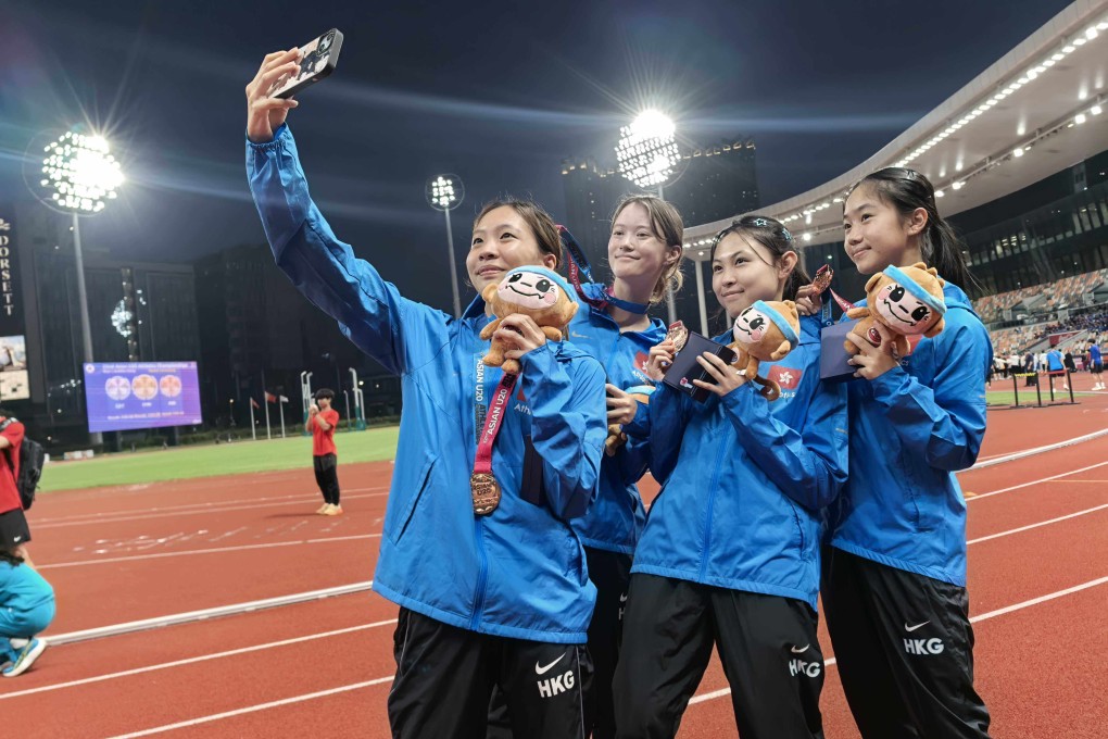 Hong Kong's 4x400m relay team of (from left) Chow Chi-kiu, Jane Karlsson, Lee Tsz-yiu and Cheng Tsz-yan won the bronze, behind India and Kazakhstan. Photo: Ada Li