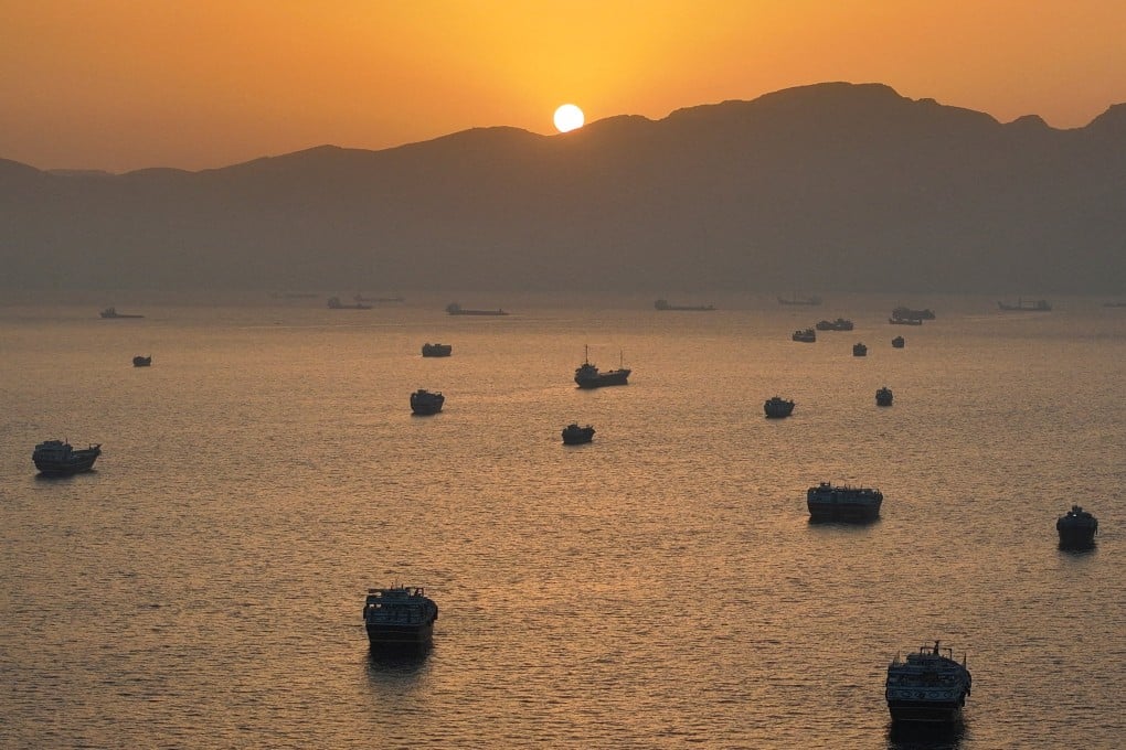A drone view shows vessels anchored in the Strait of Hormuz, seen from Musandam in Oman, on May 30. Photo: Reuters