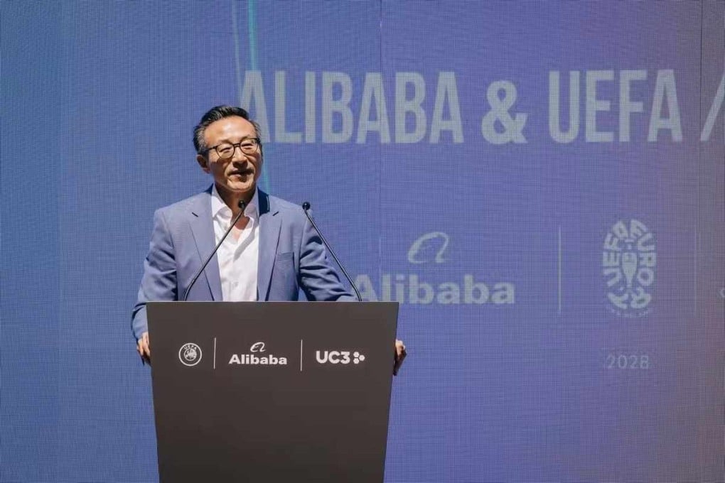 Alibaba Group chairman Joe Tsai discusses the company’s new partnership with Uefa at the signing ceremony in Budapest. Photo: Handout
