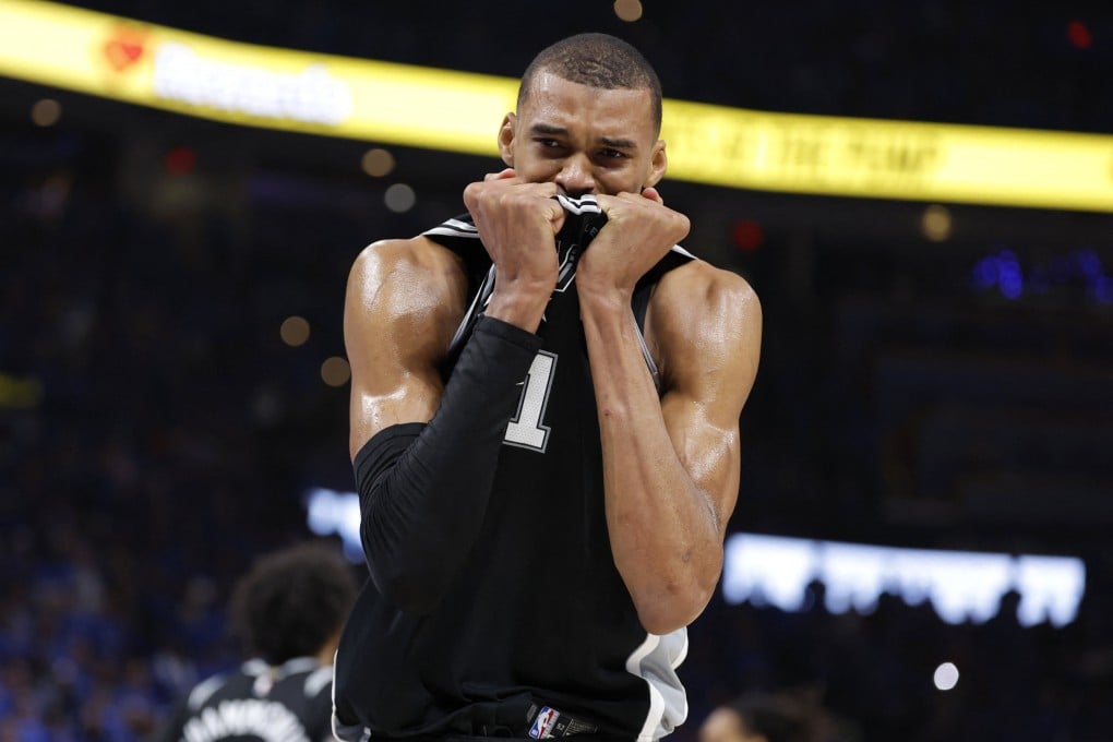 San Antonio Spurs forward Victor Wembanyama reacts after defeating the Oklahoma City Thunder in game seven of the NBA Western Conference finals on Saturday. Photo: Imagn Images