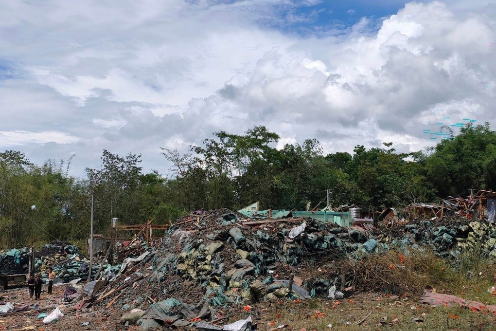 A damaged building after a blast at an explosives depot in Kaung Tat village, Namkham, northern Shan State, Myanmar on Sunday. Photo: EPA
