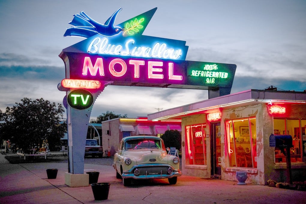 A vintage Buick parks outside the 86-year-old Blue Swallow Motel on Route 66 in Tucumcari, New Mexico. Photo: TNS