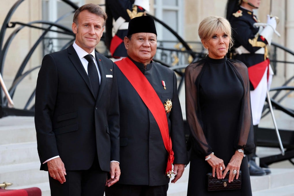 France’s President Emmanuel Macron and France’s first lady Brigitte Macron welcome Indonesia’s President Prabowo Subianto ahead of a state dinner as part of Prabowo’s visit to Paris on Thursday. Photo: AFP
